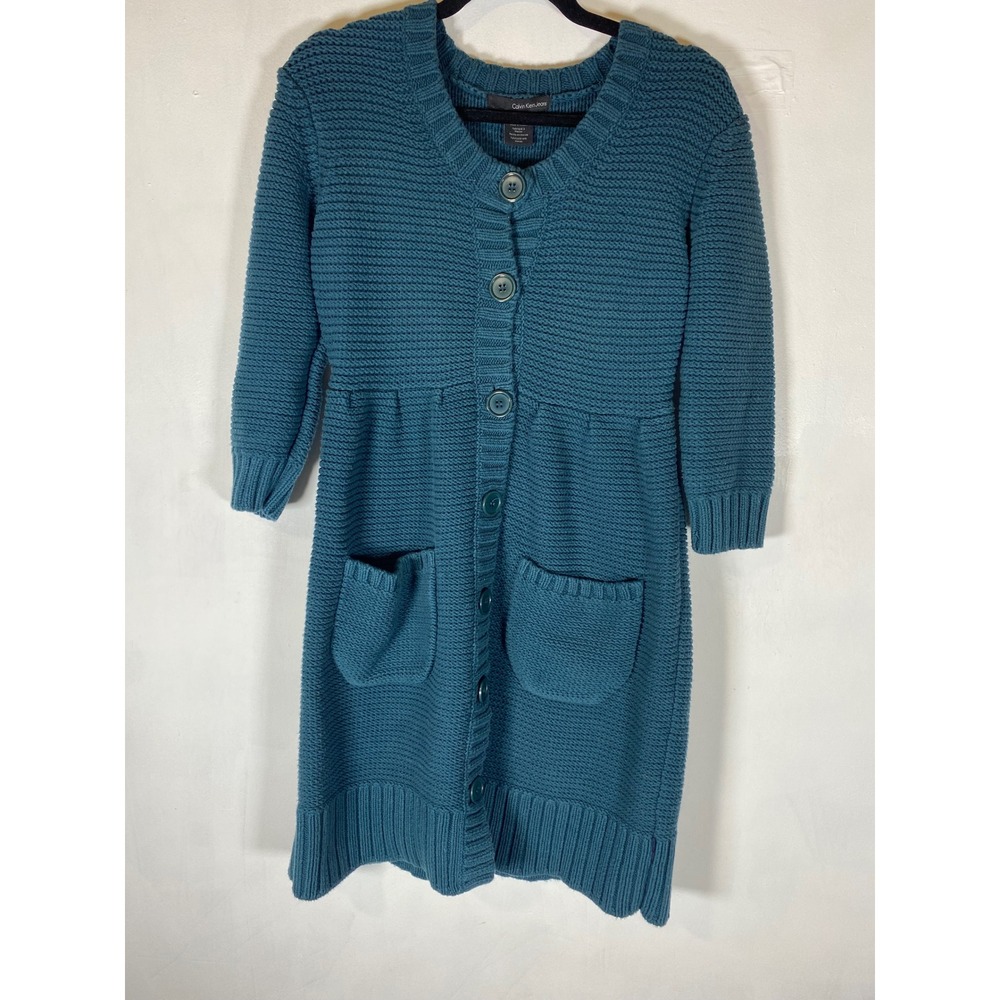 Emerald Green Chunky Knit Button Cardigan Sweater Pockets Cottagecore L